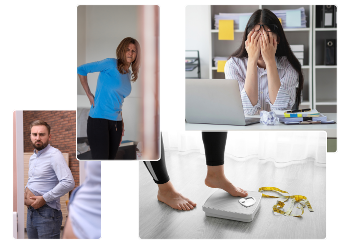Collage: Frust mit Diäten, Stress im Alltag und Unzufriedenheit mit dem eigenen Körper